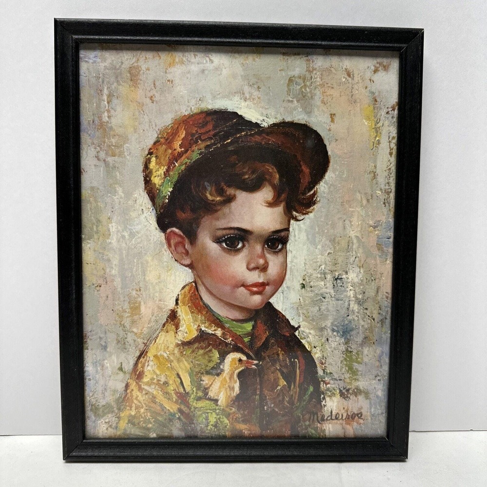 1960s Medeiros HUCK FINN Print Big Eye Boy W/ Duck  Framed 11" X 8.75" W/ Frame